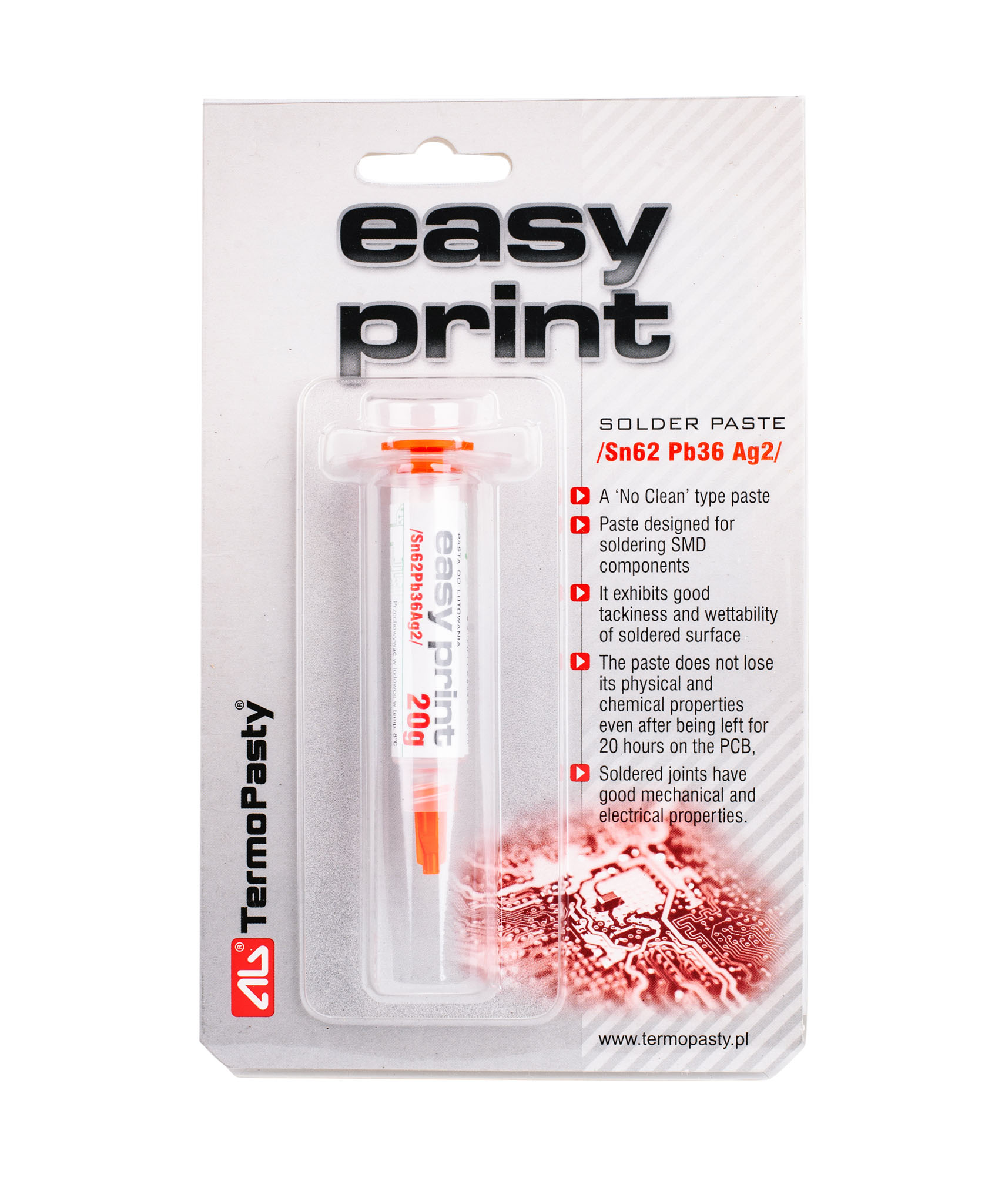 Opakowanie pasty lutowniczej Easy Print Sn62 Pb36 Ag2 1,4ml idealnej do montażu powierzchniowego SMD.
